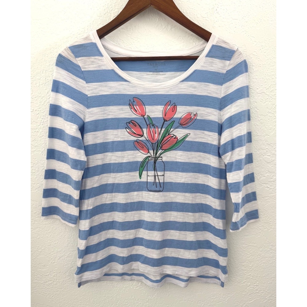 Talbots Striped Blouse Top 3/4 Sleeve Floral Size Medium Petite Nautical Coastal - Picture 2 of 8
